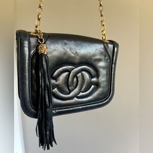 Chanel vintage black leather purse with tassel.